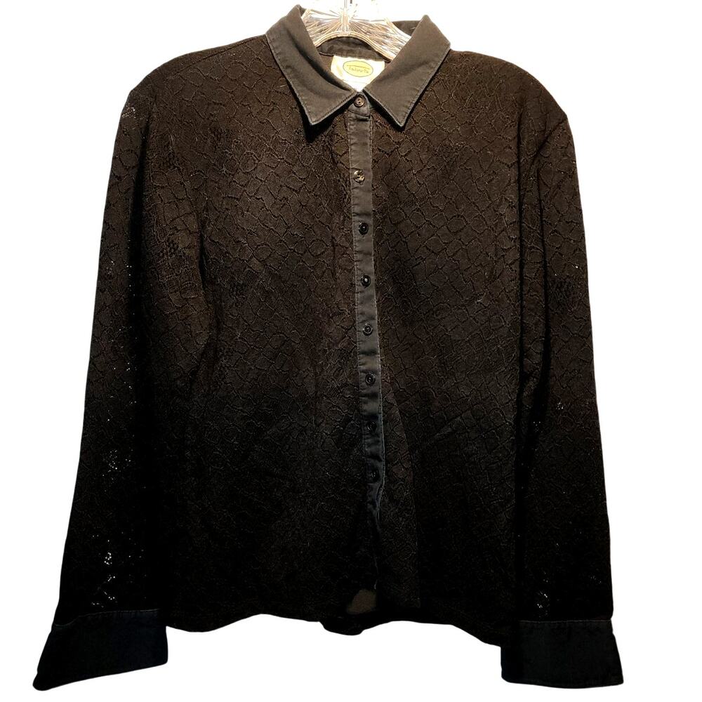 Talbots Black Button Down Black Semi Sheer Lace Shirt Size Medium